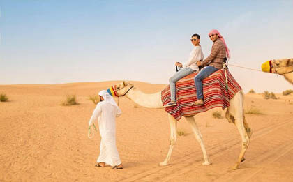 A tranquil morning desert safari scene with a camel ride in progress. The golden sun rises in the background, casting a warm glow on the sandy dunes as a group of adventurers enjoy a serene camel ride through the desert, with clear blue skies overhead.