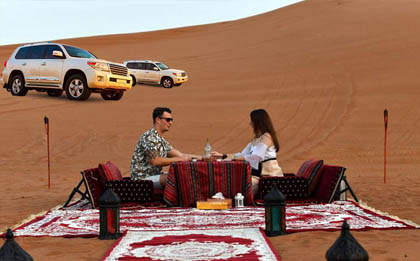 A private desert safari experience in a secluded and pristine desert setting. A 4x4 vehicle, fully equipped for adventure, stands ready for a personalized tour. With no other tourists in sight, this exclusive desert excursion promises a tranquil and personalized journey through the picturesque desert landscape